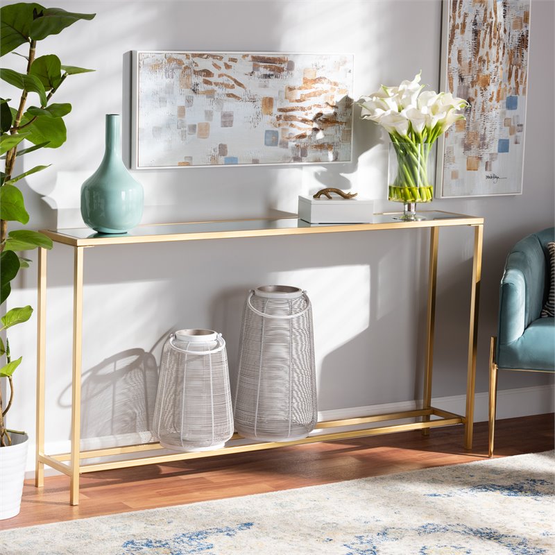 Pemberly Row Glam Gold Finished Metal and Mirrored Glass Console Table