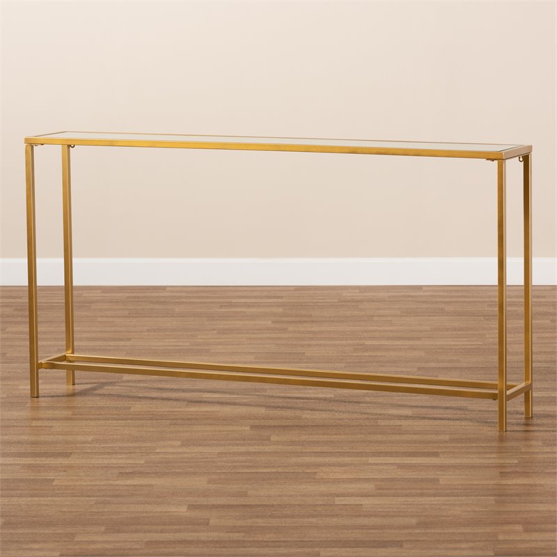 Pemberly Row Glam Gold Finished Metal and Mirrored Glass Console Table