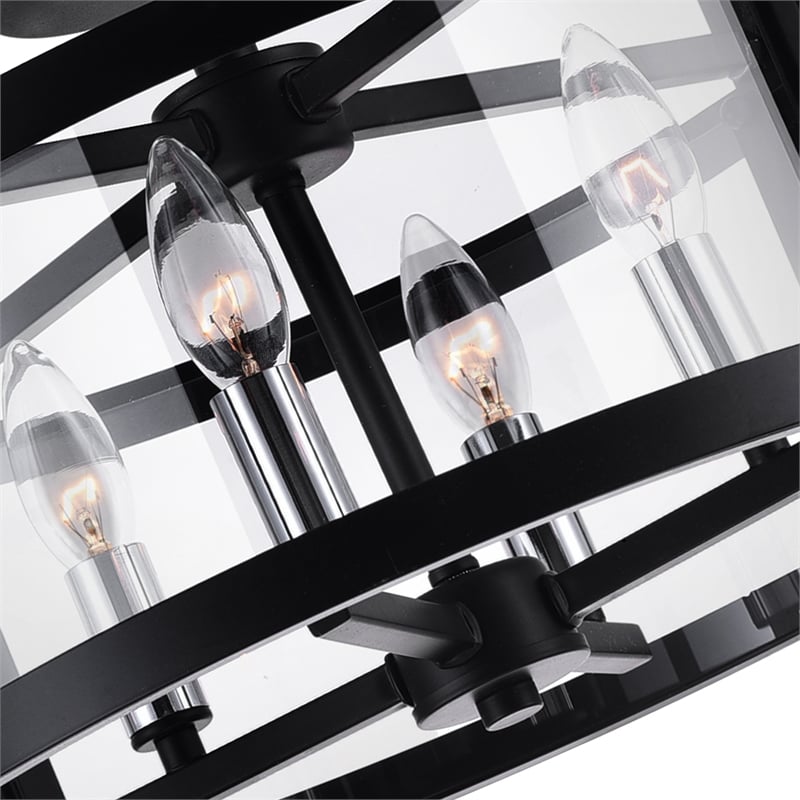 Pemberly Row Modern 4 Light Metal Cage Indoor Flush Mount in Black