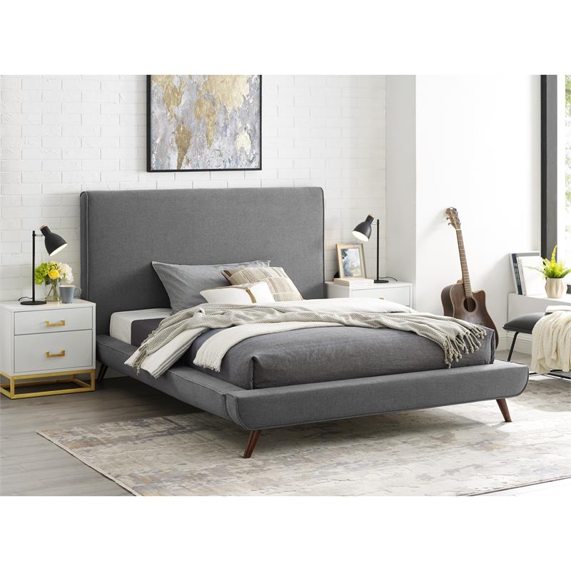 Pemberly Row Gray Linen Full Upholstered Walnut Tapered Legs Bed
