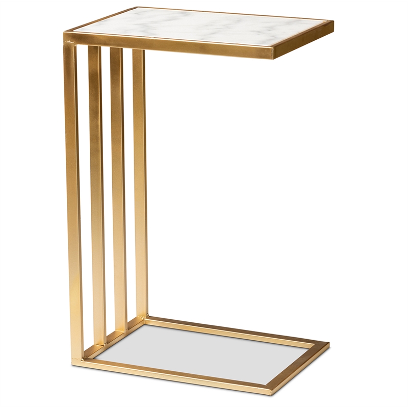 Pemberly Row Gold Finished Metal C Shaped End Table with Marble Tabletop