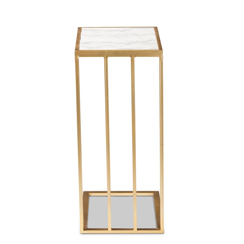 Pemberly Row Gold Finished Metal C Shaped End Table with Marble Tabletop