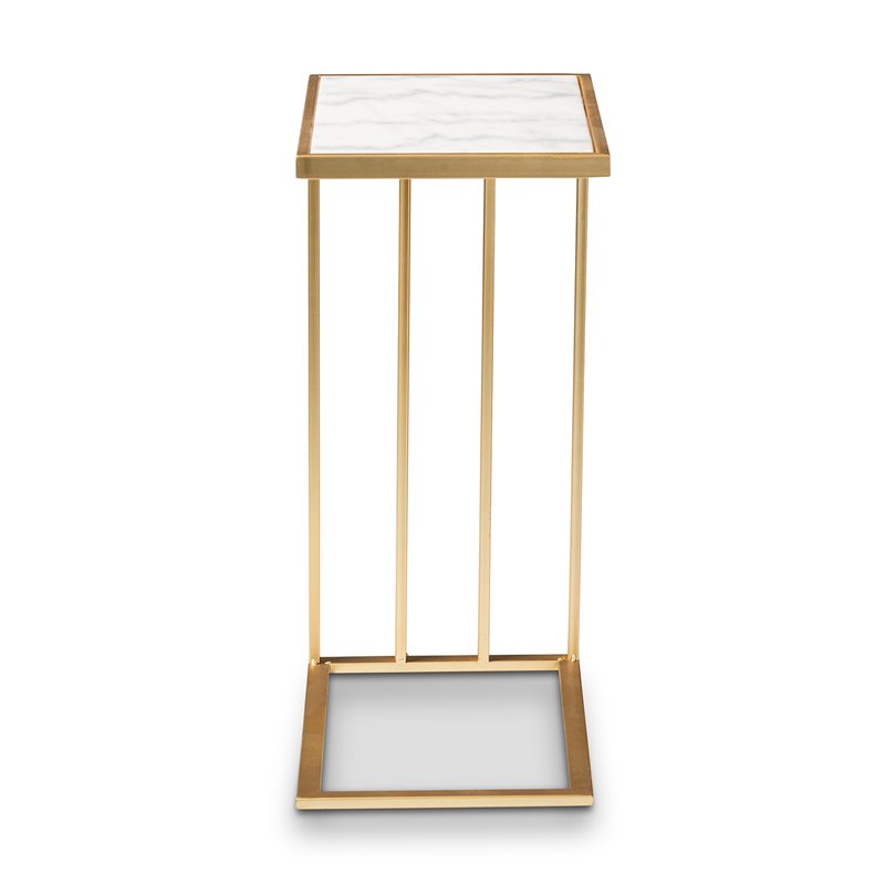 Pemberly Row Gold Finished Metal C Shaped End Table with Marble Tabletop