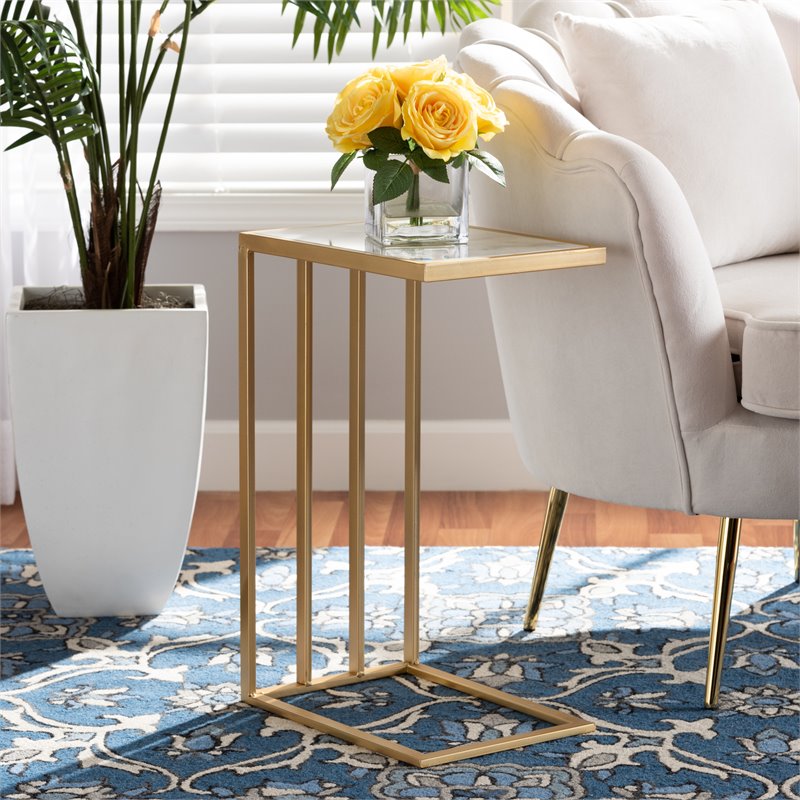 Pemberly Row Gold Finished Metal C Shaped End Table with Marble Tabletop