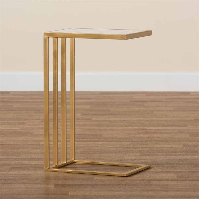Pemberly Row Gold Finished Metal C Shaped End Table with Marble Tabletop