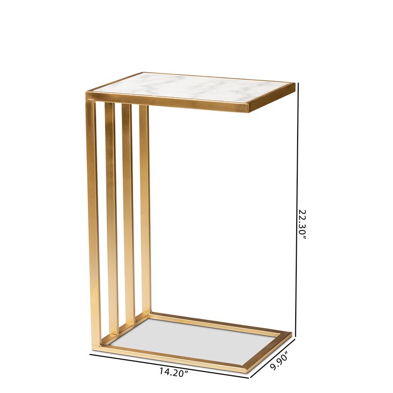 Pemberly Row Gold Finished Metal C Shaped End Table with Marble Tabletop
