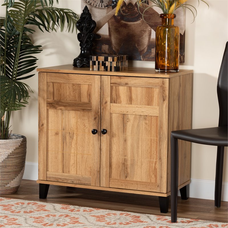 Pemberly Row Oak Brown Finished Wood 2-Door Shoe Storage Cabinet