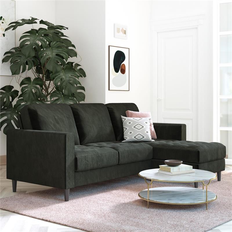 Pemberly Row Reversible Sectional Sofa Couch in Black Velvet