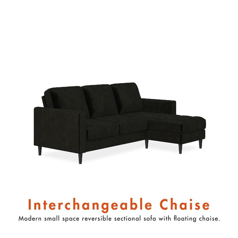 Pemberly Row Reversible Sectional Sofa Couch in Black Velvet