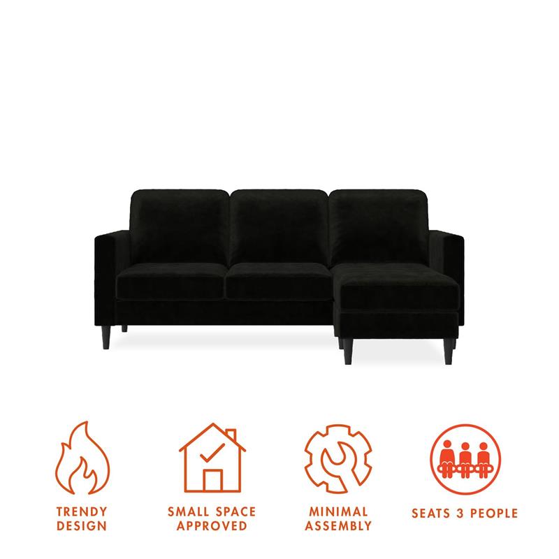 Pemberly Row Reversible Sectional Sofa Couch in Black Velvet