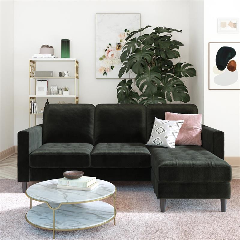 Pemberly Row Reversible Sectional Sofa Couch in Black Velvet