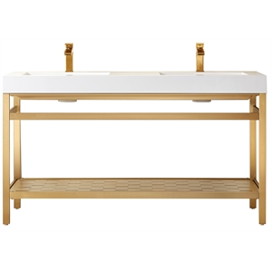 Pemberly Row 60&quot Double Sink Bathroom Vanity Brushed Gold Metal Frame White Top