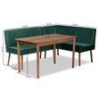 Pemberly Row Green Velvet and Brown Wood 3-Piece Dining Nook Set