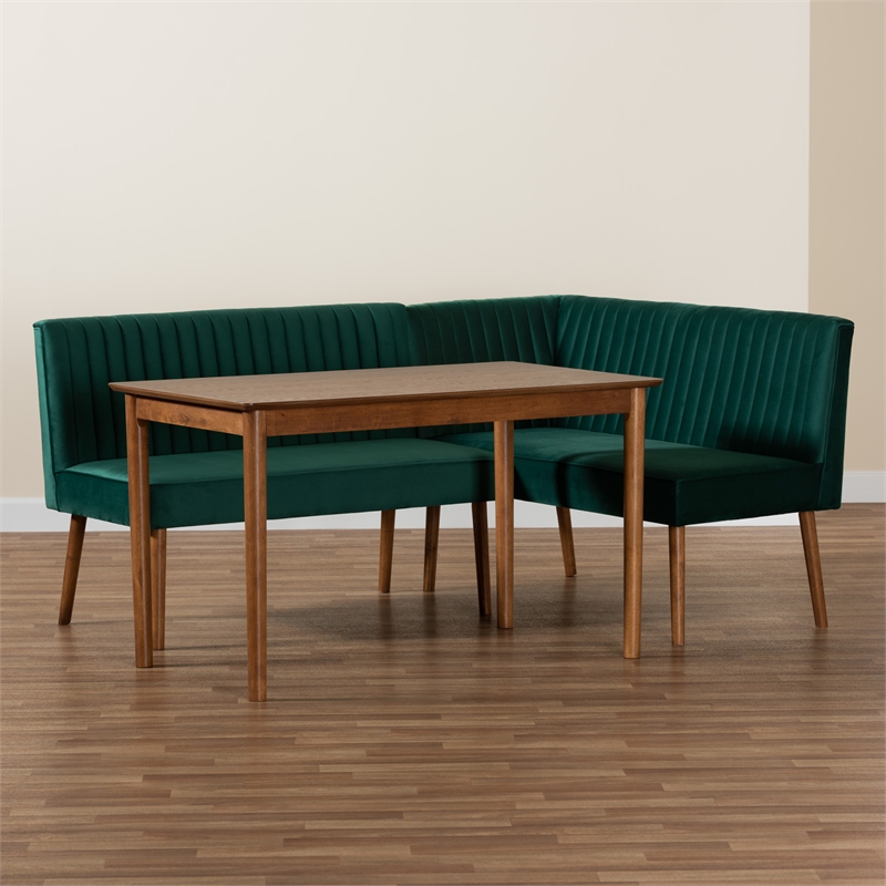 Pemberly Row Green Velvet and Brown Wood 3-Piece Dining Nook Set