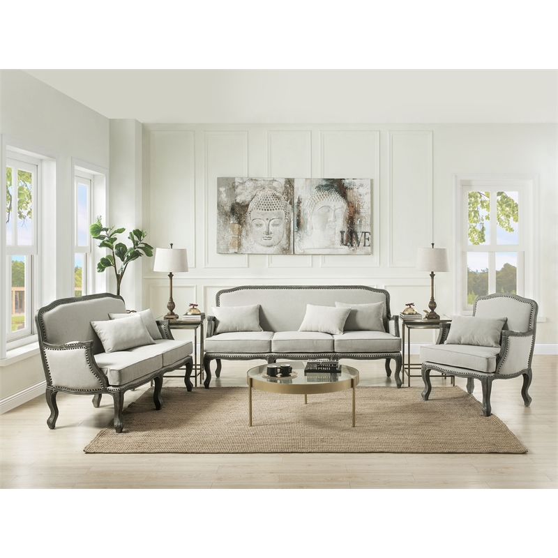 Pemberly Row Upholstery Sofa with 3 Pillows in Cream Linen Fabric and Brown