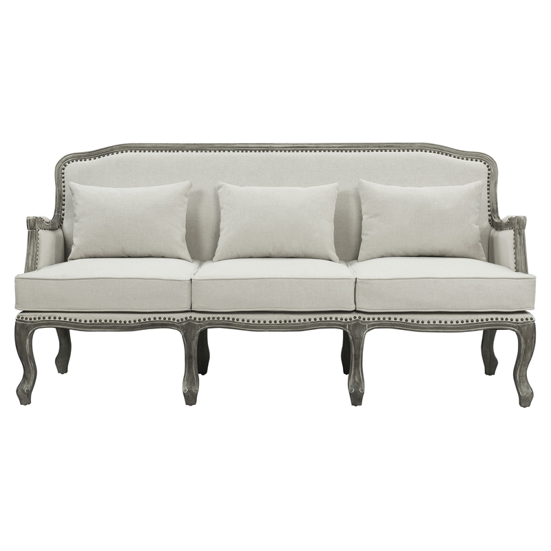 Pemberly Row Upholstery Sofa with 3 Pillows in Cream Linen Fabric and Brown