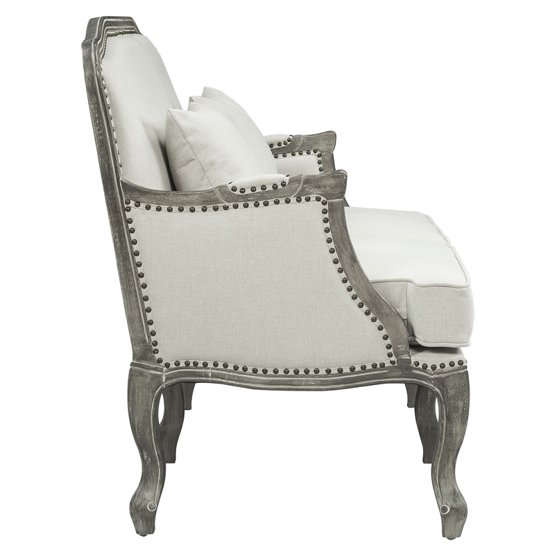 Pemberly Row Upholstery Sofa with 3 Pillows in Cream Linen Fabric and Brown