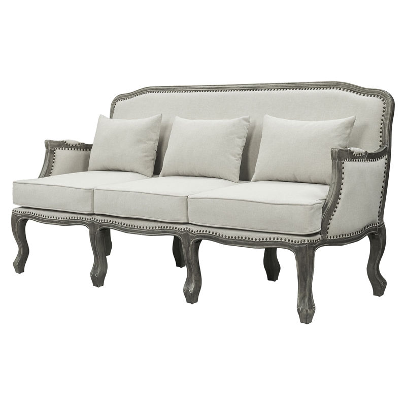 Pemberly Row Upholstery Sofa with 3 Pillows in Cream Linen Fabric and Brown