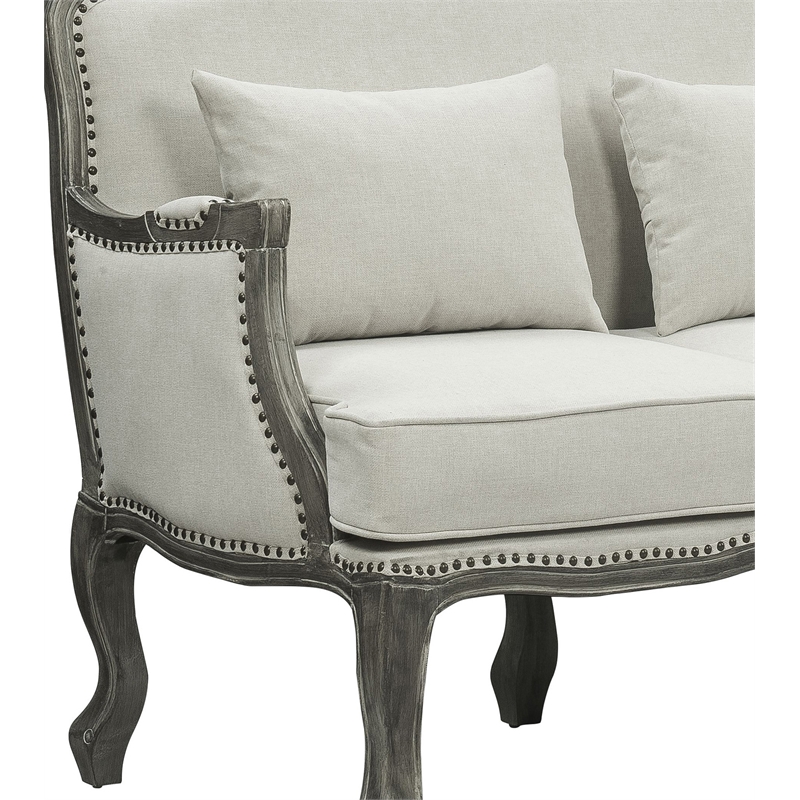 Pemberly Row Upholstery Sofa with 3 Pillows in Cream Linen Fabric and Brown