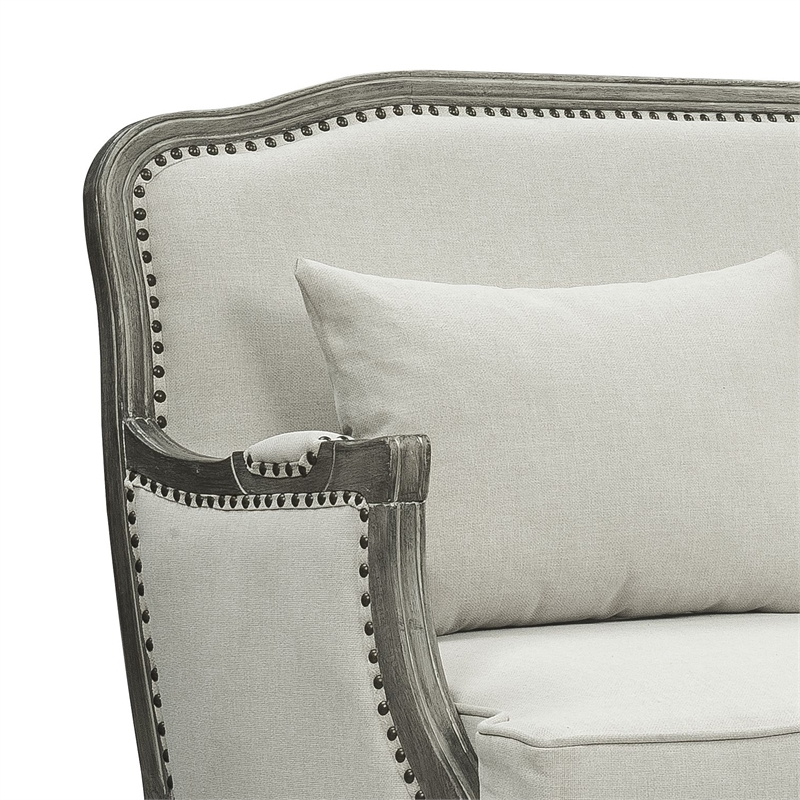 Pemberly Row Upholstery Sofa with 3 Pillows in Cream Linen Fabric and Brown