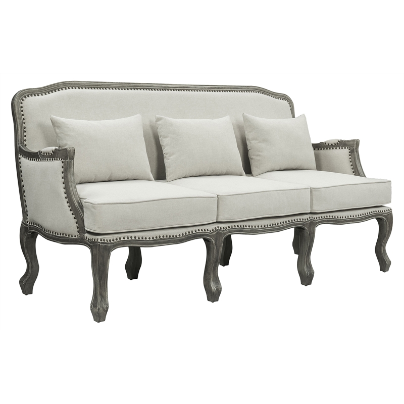 Pemberly Row Upholstery Sofa with 3 Pillows in Cream Linen Fabric and Brown