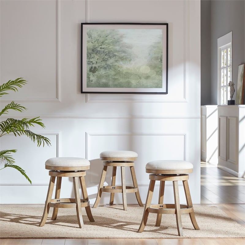 Pemberly Row Wood Backless Swivel Counter Stool Ivory Wire-Brush Finish