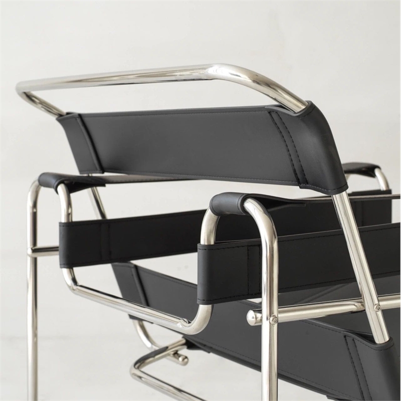 Pemberly Row Black Recycled Leather Club Steel Frame Armchair (Saddle Leather)