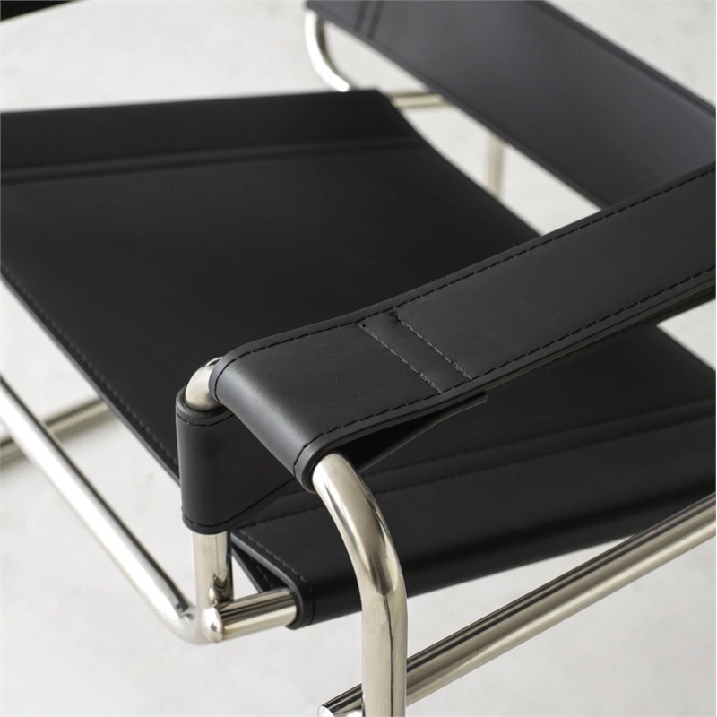 Pemberly Row Black Recycled Leather Club Steel Frame Armchair (Saddle Leather)