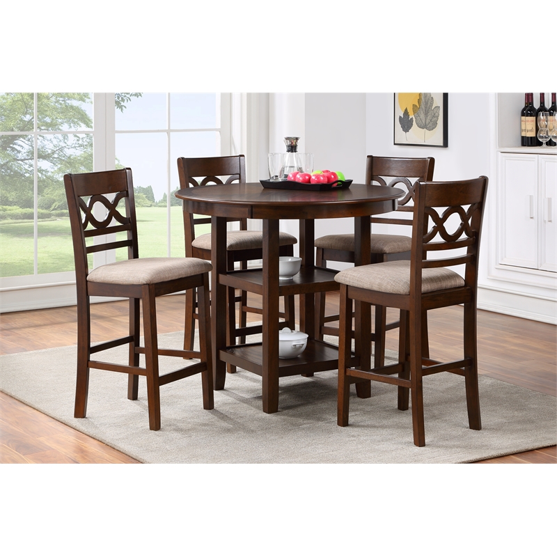Pemberly Row Contemporary 5-Piece Solid Wood Counter Set in Brown