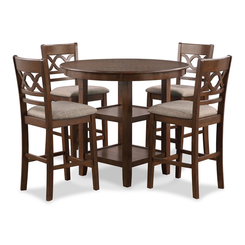 Pemberly Row Contemporary 5-Piece Solid Wood Counter Set in Brown