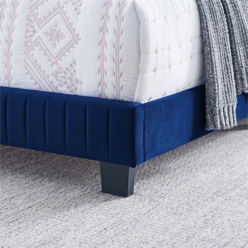 Pemberly Row Channel Tufted Performance Velvet Queen Bed in Navy