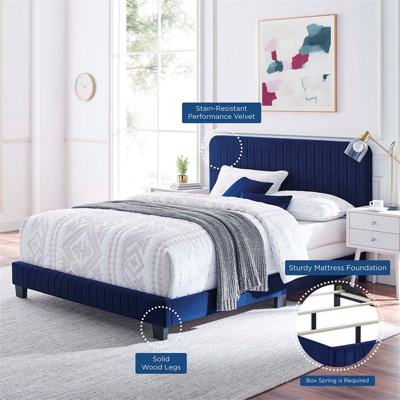 Pemberly Row Channel Tufted Performance Velvet Queen Bed in Navy