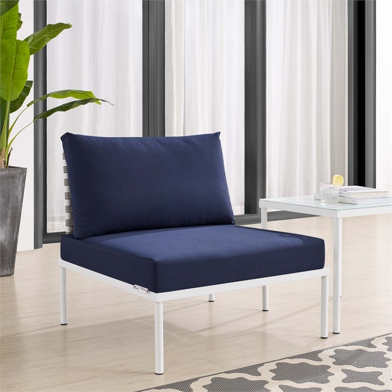 Pemberly Row Fabric Basket Weave Patio Armless Chair in Tan/Navy