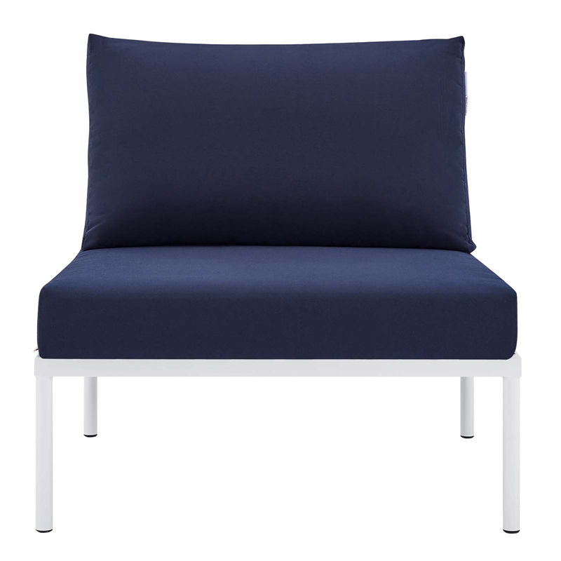 Pemberly Row Fabric Basket Weave Patio Armless Chair in Tan/Navy