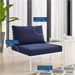 Pemberly Row Fabric Basket Weave Patio Armless Chair in Tan/Navy