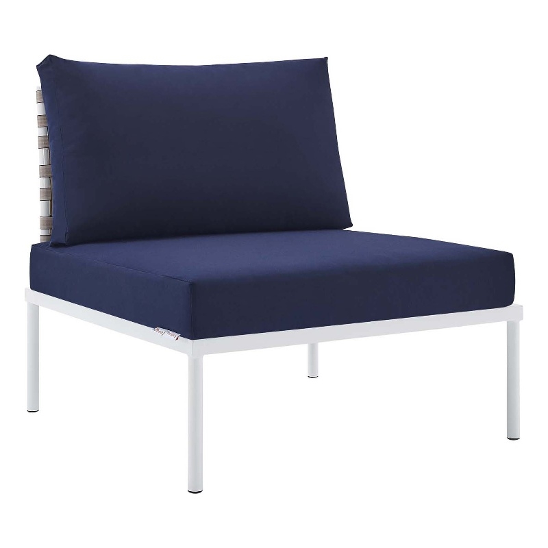 Pemberly Row Fabric Basket Weave Patio Armless Chair in Tan/Navy