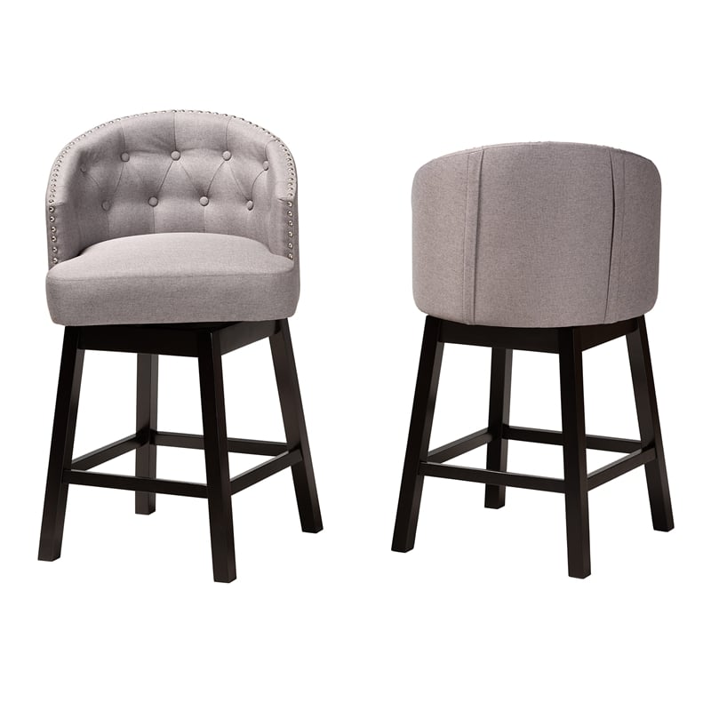 Pemberly Row Gray Fabric and Brown Wood 2-Piece Swivel Counter Stool Set