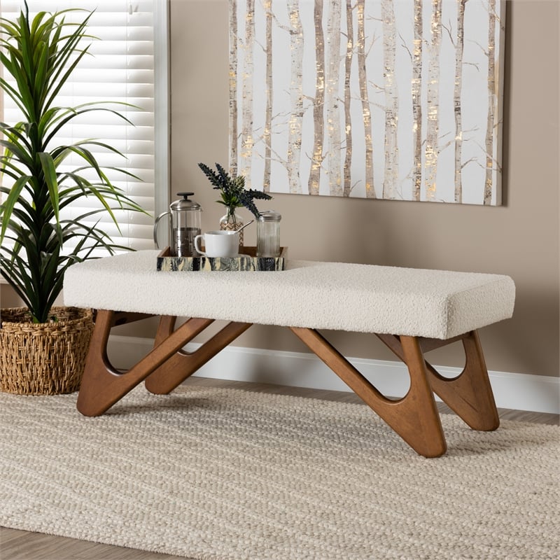 Pemberly Row Cream Boucle Fabric and Walnut Brown Finished Wood Bench
