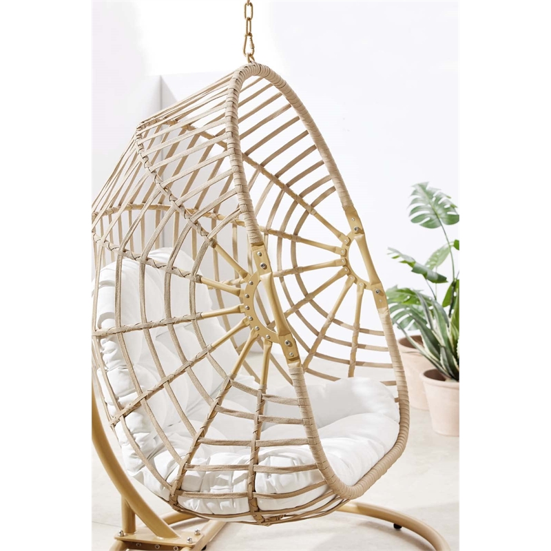 Pemberly Row Rattan Outdoor Patio Swing Chair in Natural/White
