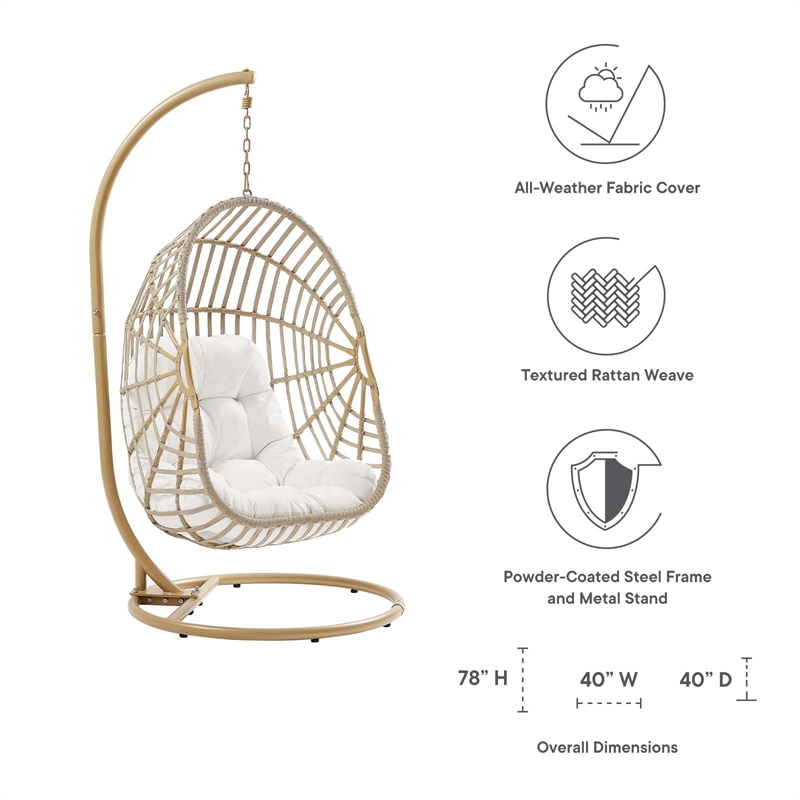 Pemberly Row Rattan Outdoor Patio Swing Chair in Natural/White