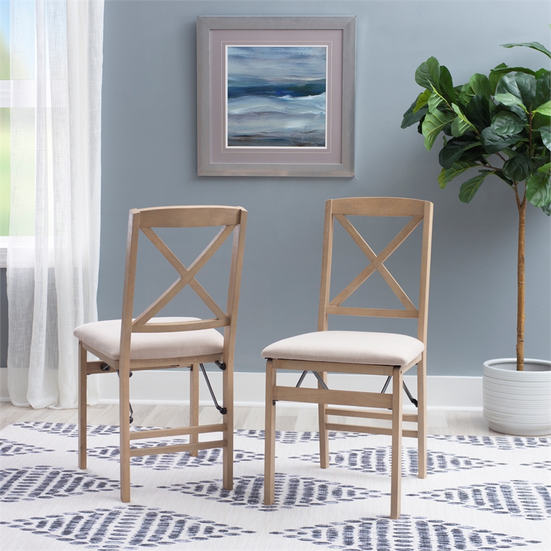 Pemberly Row X-Back Set of Two Folding Chairs Padded Seat in Graywash Wood