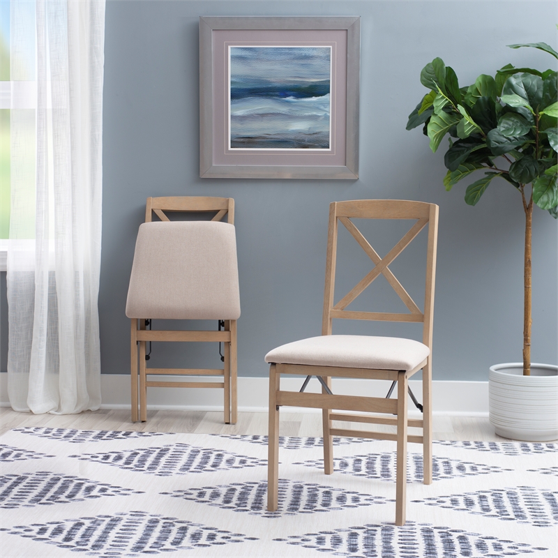 Pemberly Row X-Back Set of Two Folding Chairs Padded Seat in Graywash Wood