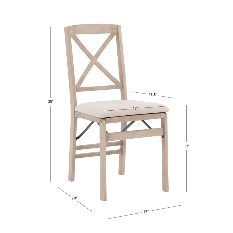 Pemberly Row X-Back Set of Two Folding Chairs Padded Seat in Graywash Wood