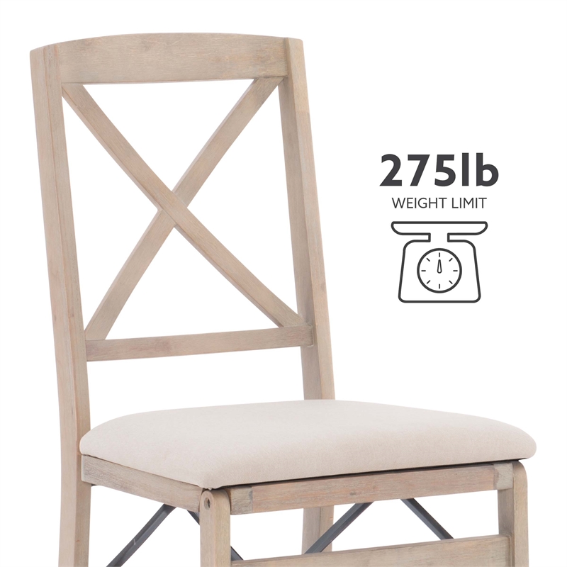 Pemberly Row X-Back Set of Two Folding Chairs Padded Seat in Graywash Wood