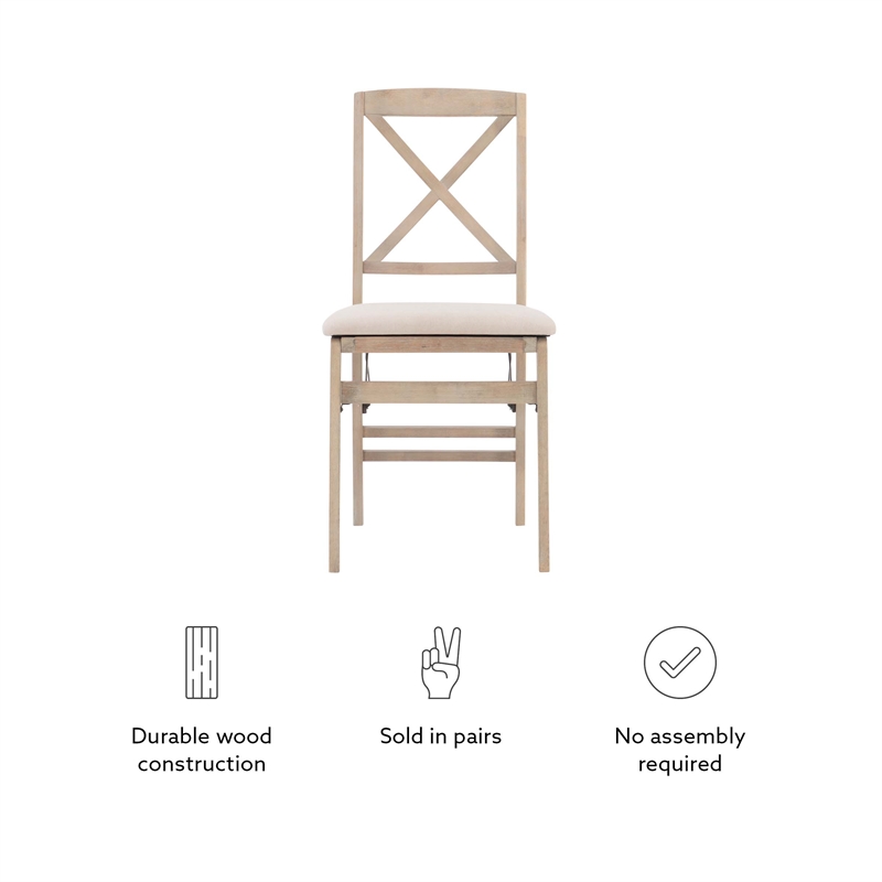 Pemberly Row X-Back Set of Two Folding Chairs Padded Seat in Graywash Wood