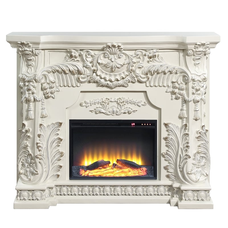 Pemberly Row Modern Wooden LED Electric Fireplace in Antique White