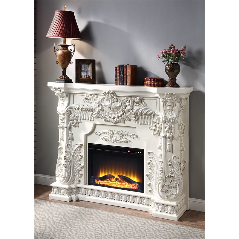 Pemberly Row Modern Wooden LED Electric Fireplace in Antique White