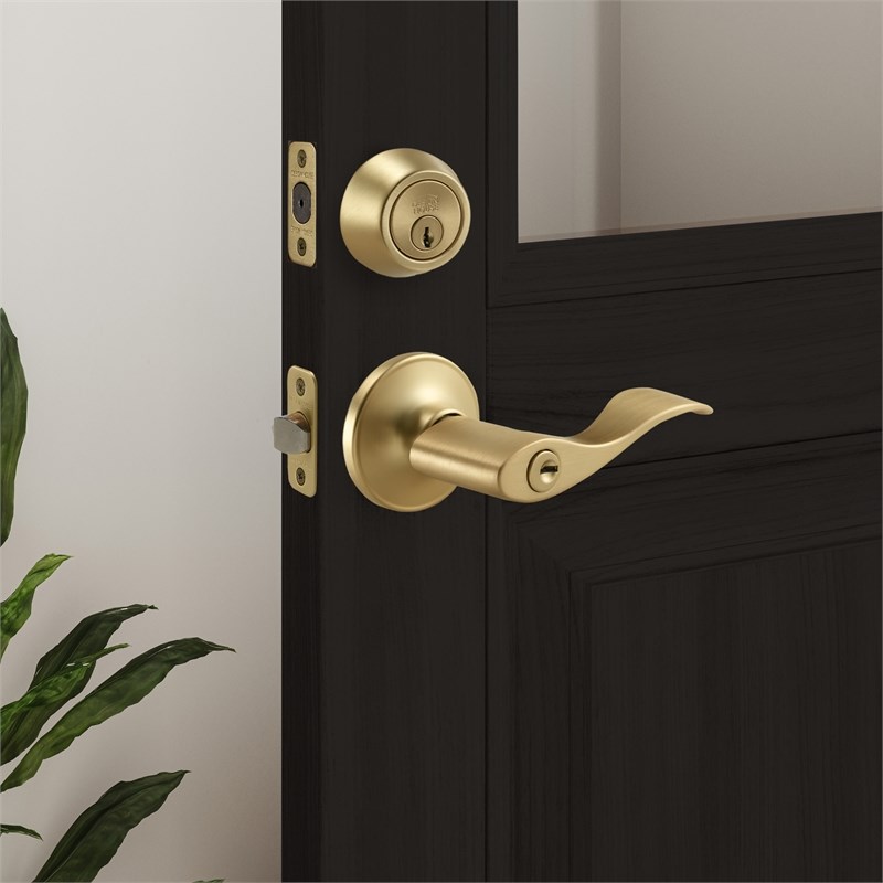 Pemberly Row Single Cylinder 2-Way Round Corner Deadbolt with Latch in Gold
