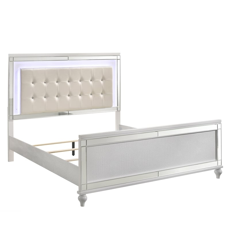 Pemberly Row Modern Solid Wood King Size Lighted Bed in White