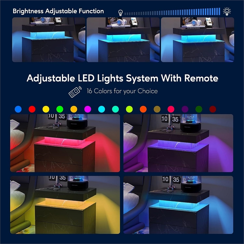 Pemberly Row Nightstands with 2 Drawers LED Bedside Table Cabinet - Black Gold